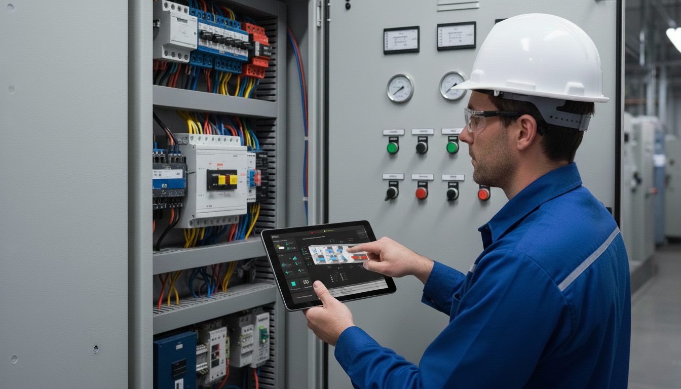 Inżynier z tabletem przy panelu sterowania